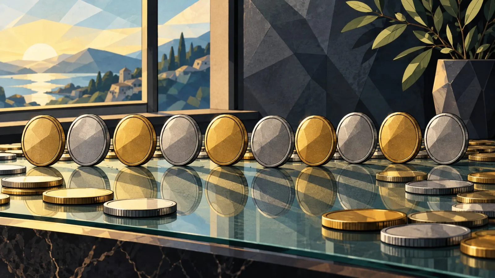 Ten upright metal tokens stand among scattered flat coins / TokenPost.ai