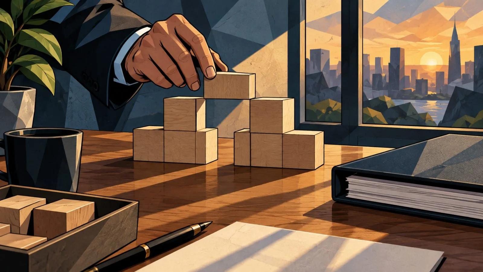 Wooden blocks arranged beside an open blank-page binder in warm light / TokenPost.ai