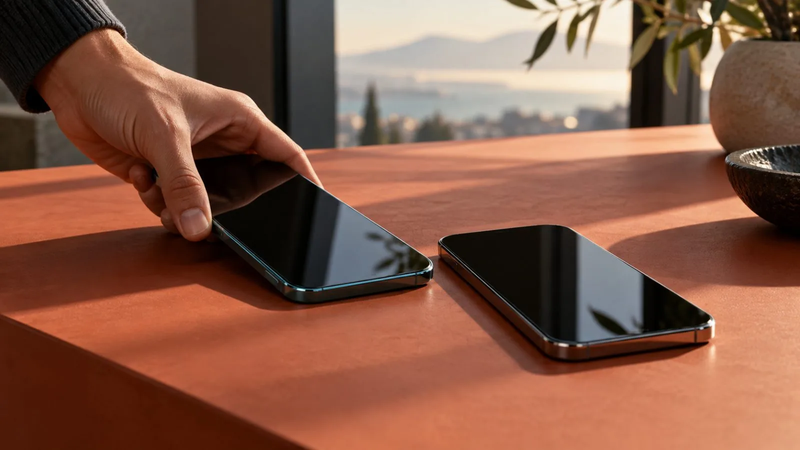 Two smartphones rest on a terracotta surface beside a hand. / TokenPost.ai
