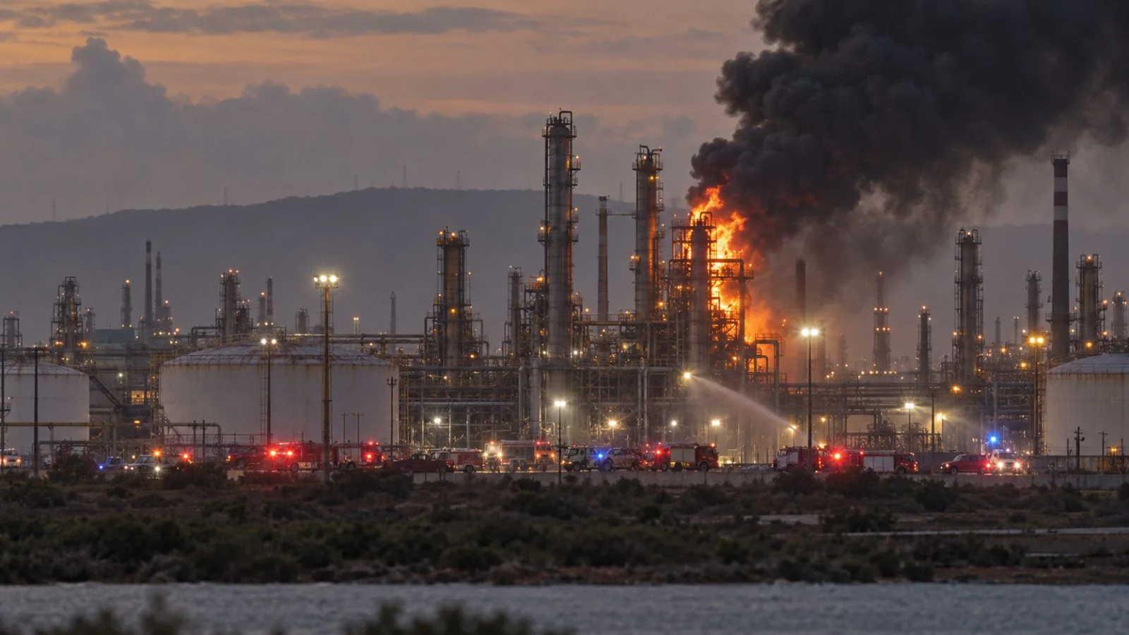 Smoke rises above refinery structures as emergency vehicles gather / TokenPost.ai