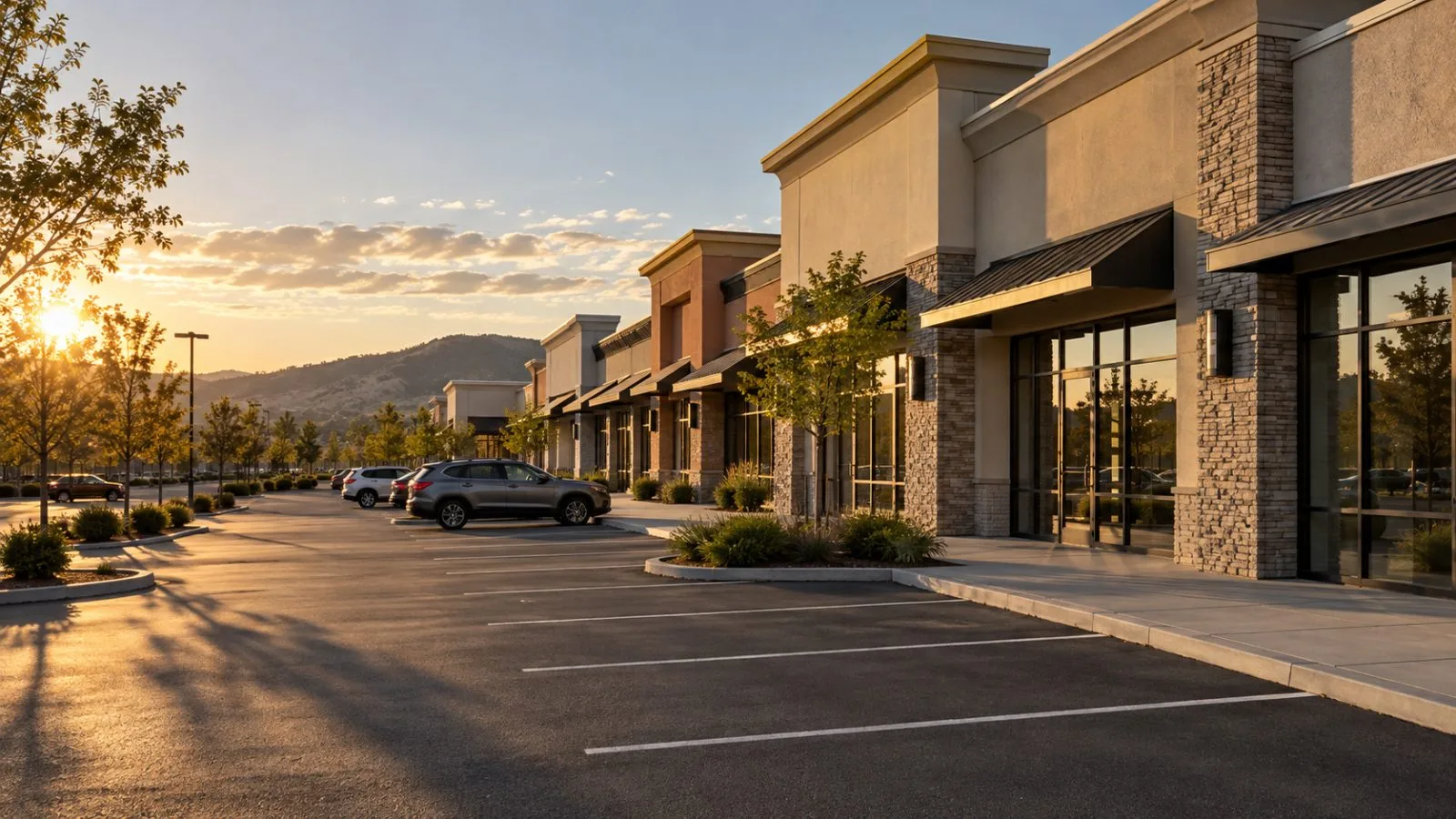 Low storefronts and parked cars line an open-air shopping center / TokenPost.ai