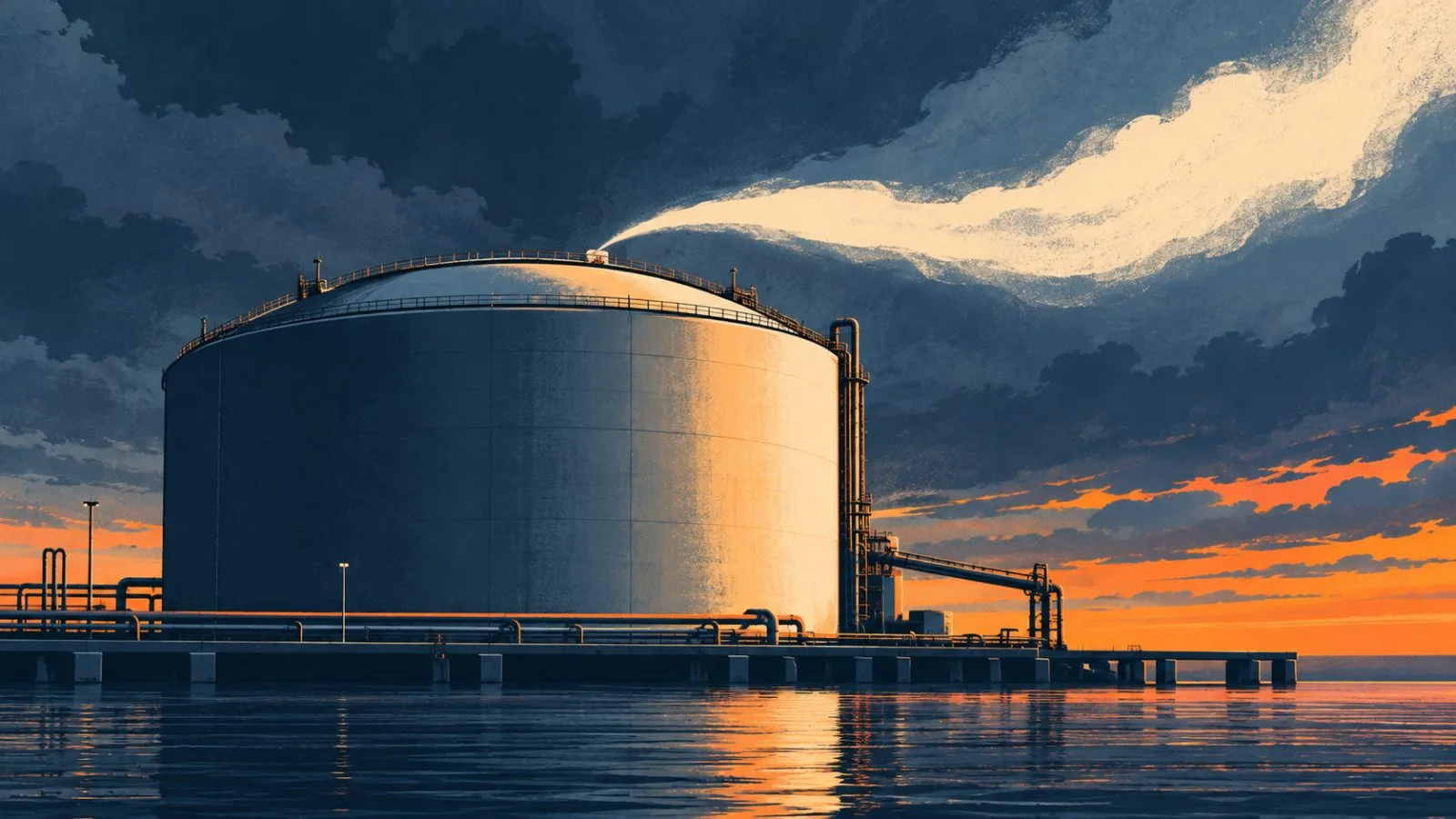 A steel LNG tank catches warm light at an export terminal / TokenPost.ai