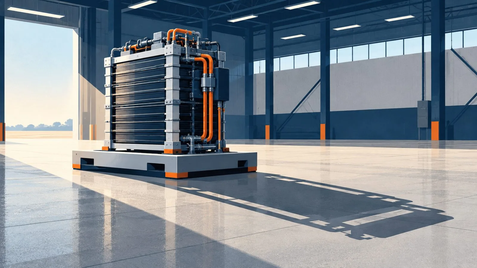 A fuel-cell stack stands alone in a brightly lit factory bay / TokenPost.ai