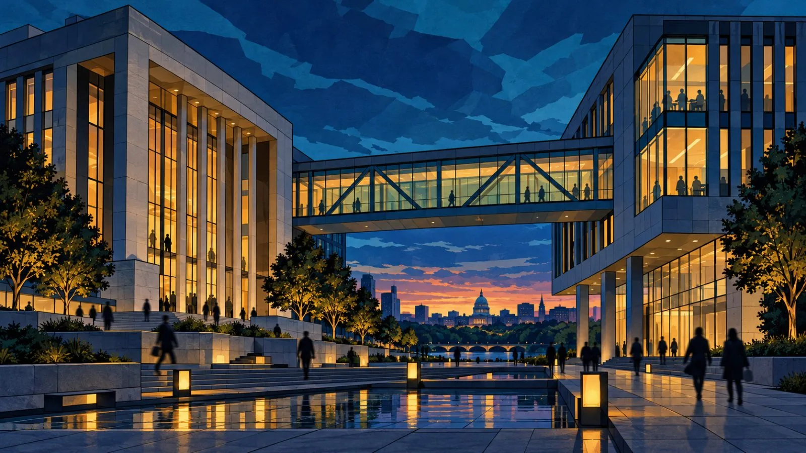 Glass bridge linking civic administration buildings at dusk / TokenPost.ai