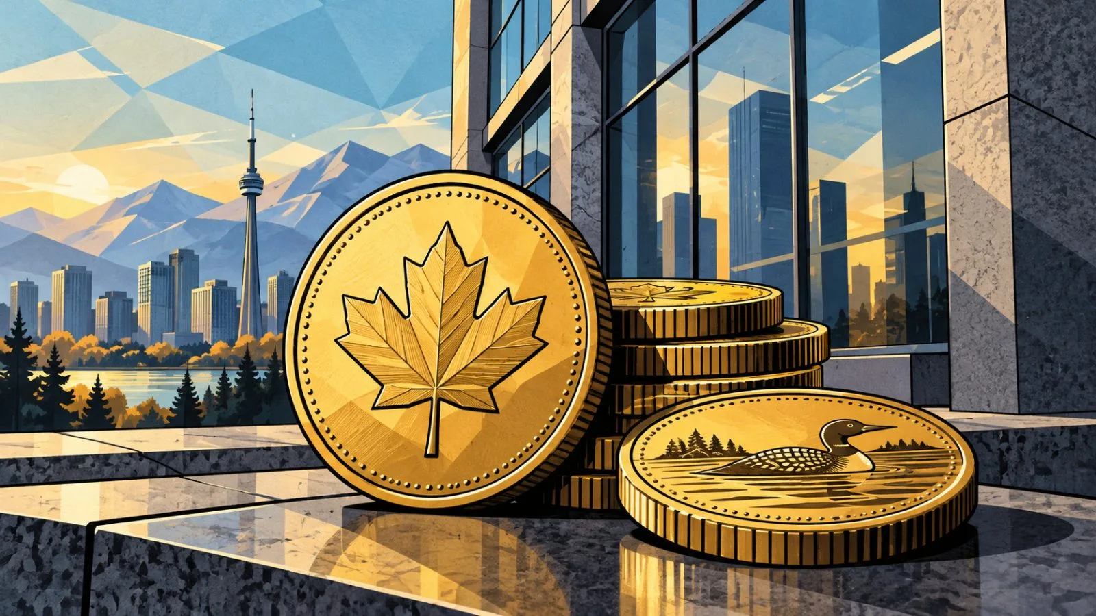 Canadian coins stacked beside a modern glass office facade / TokenPost.ai