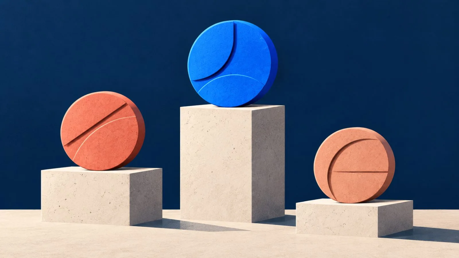 Three sculpted token medallions rest at different heights on pale stone blocks / TokenPost.ai