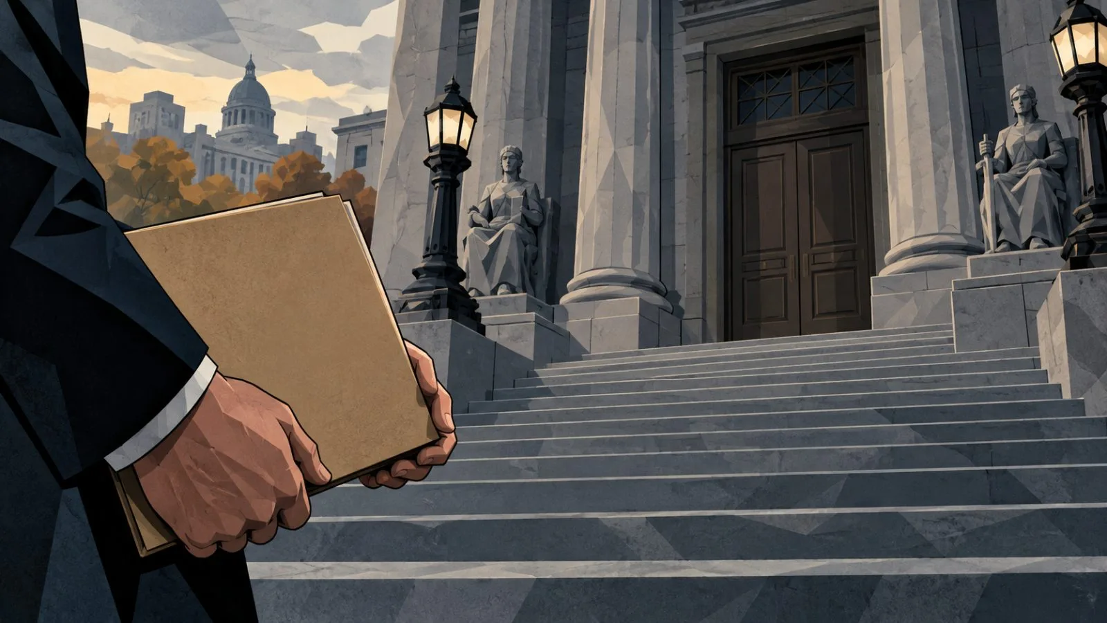 Courthouse entrance beside a folder held by anonymous hands / TokenPost.ai