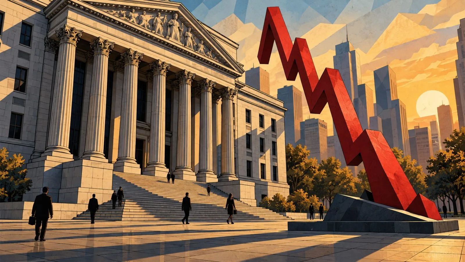 Bank facade beside a sharply descending red market sculpture / TokenPost.ai