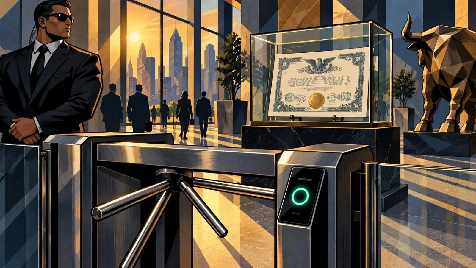A share certificate sits beyond a glass security gate / TokenPost.ai