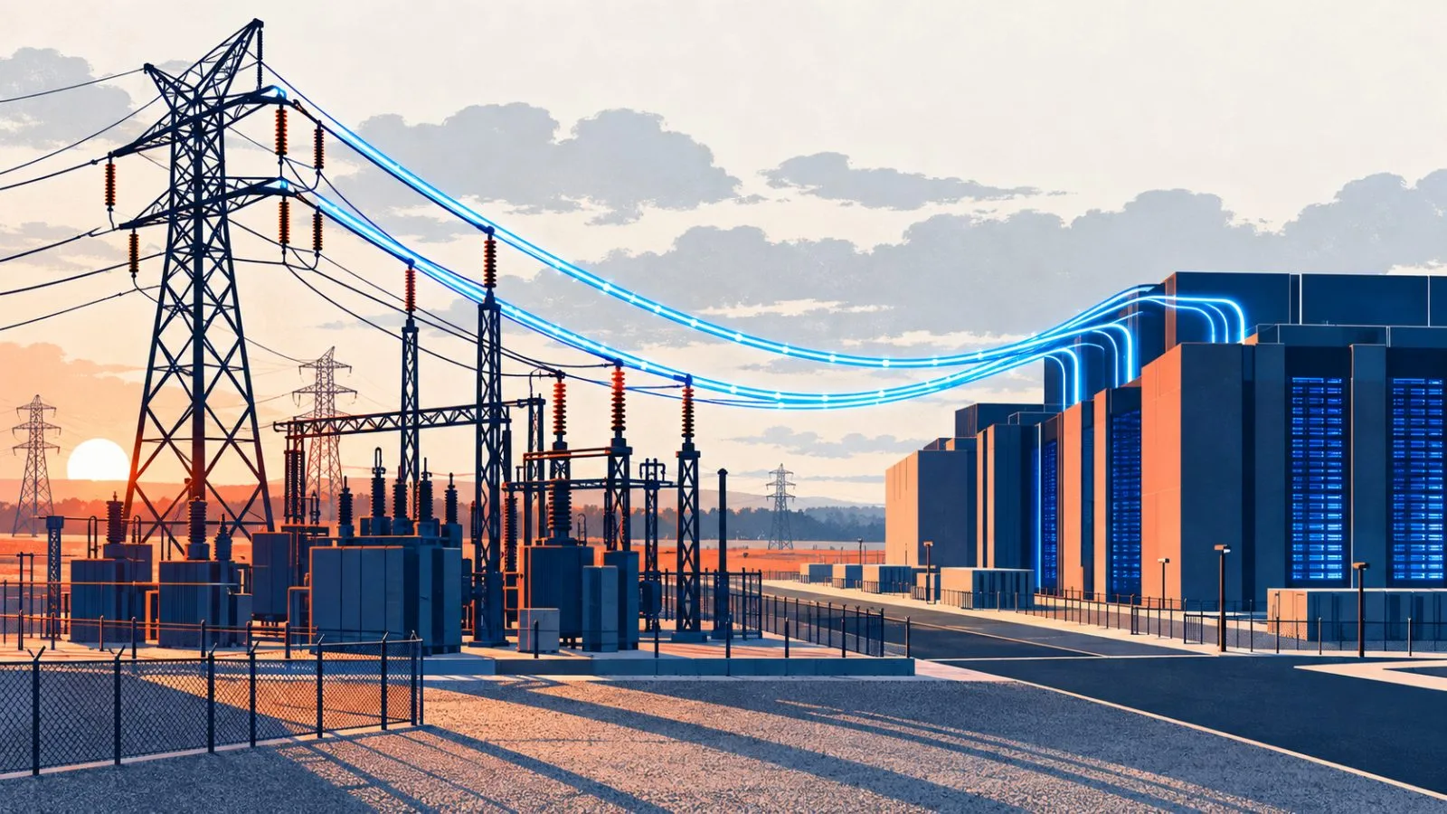 Power lines stretch from a substation toward a data center / TokenPost.ai