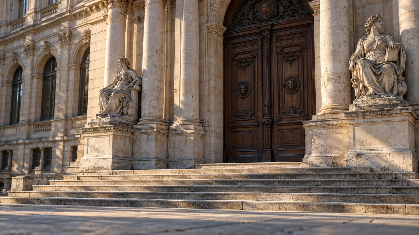 Morning light falls across the stone entrance of a Lyon courthouse / TokenPost.ai