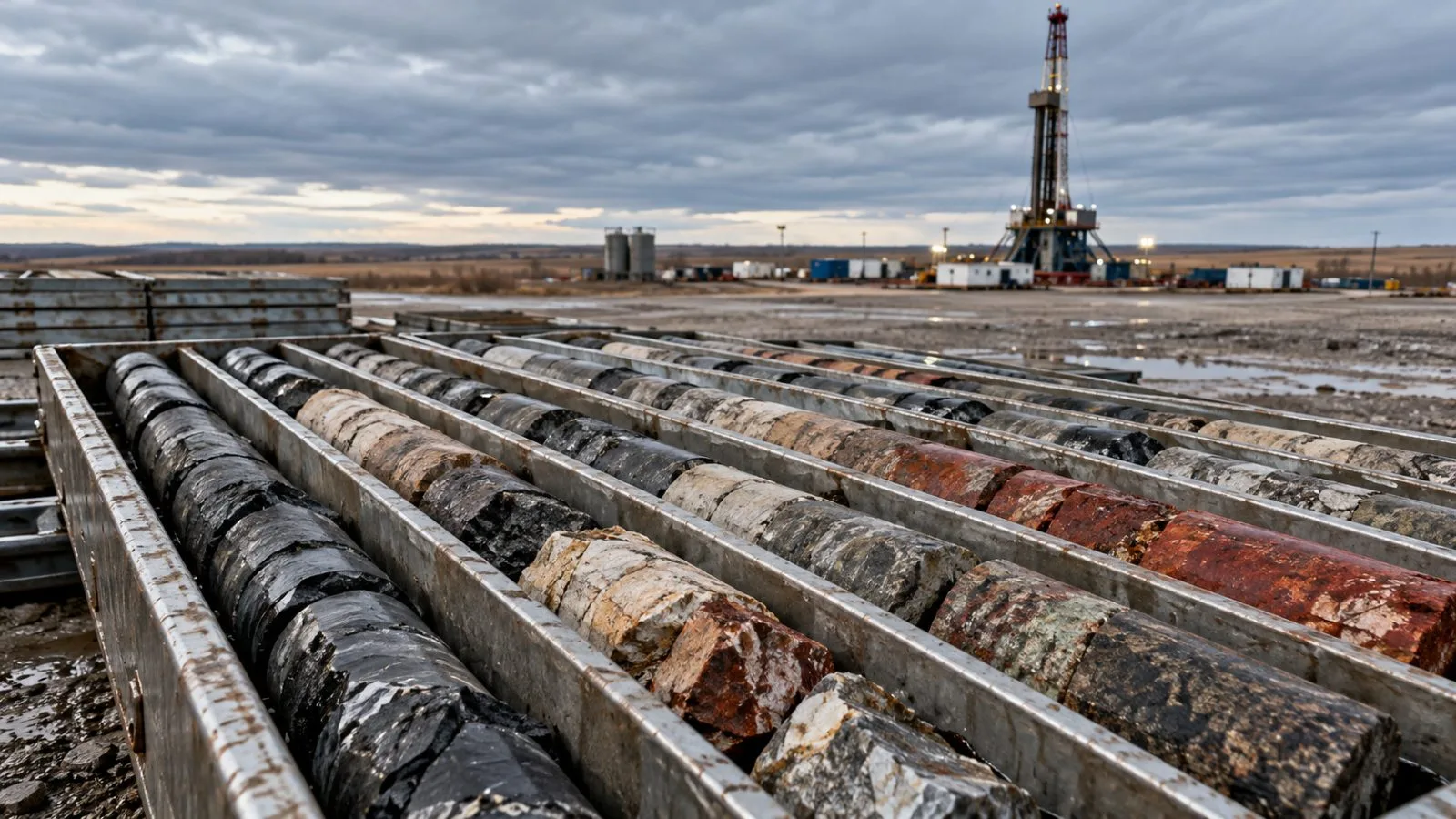 Red-brown core sections fill trays beside a drilling rig / TokenPost.ai