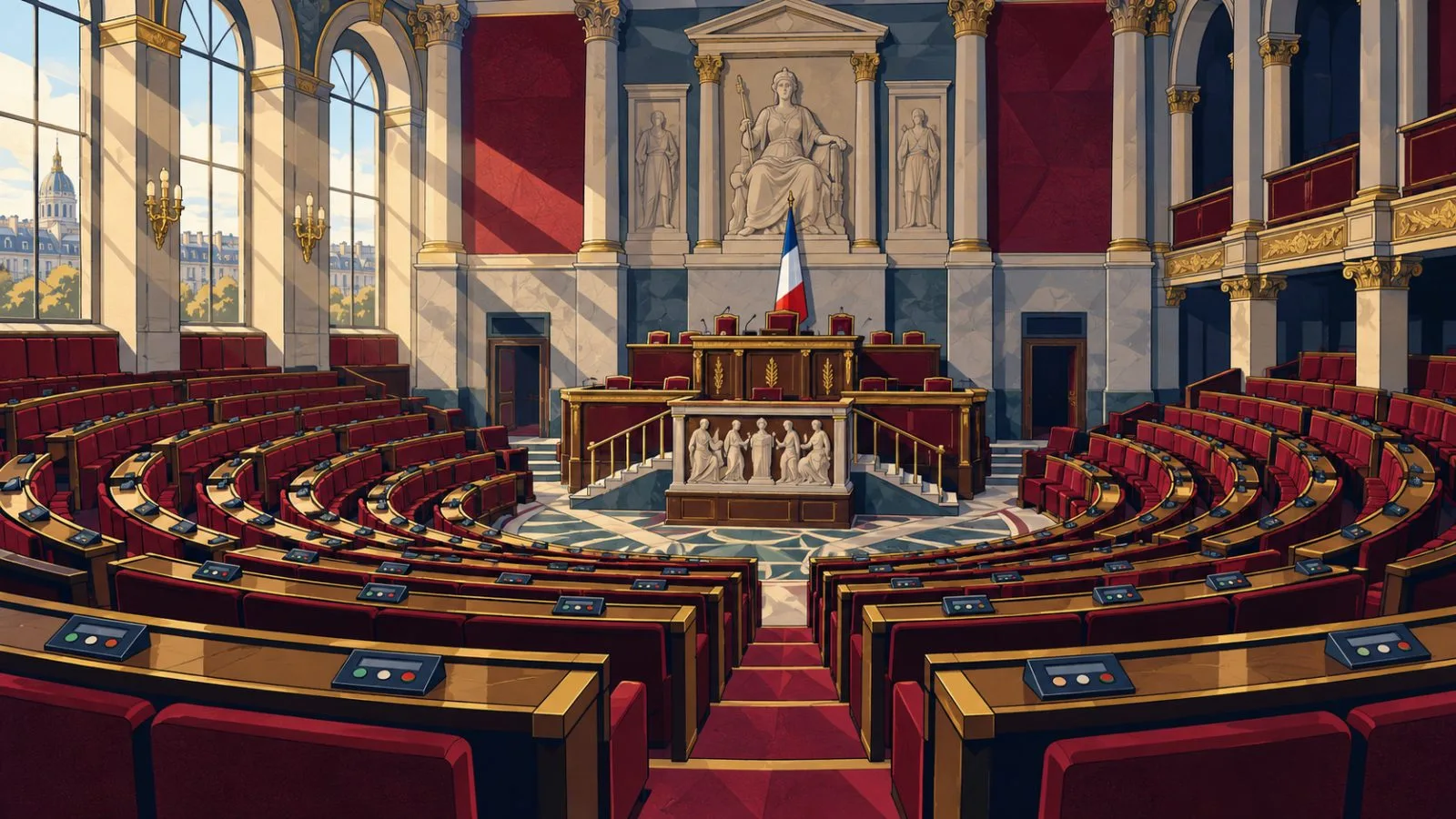 Empty parliamentary seats beneath soft morning light / TokenPost.ai