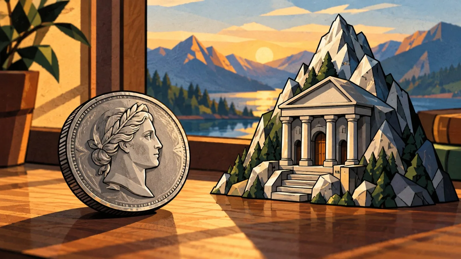 Small silver coin beside a miniature mountain bank facade / TokenPost.ai