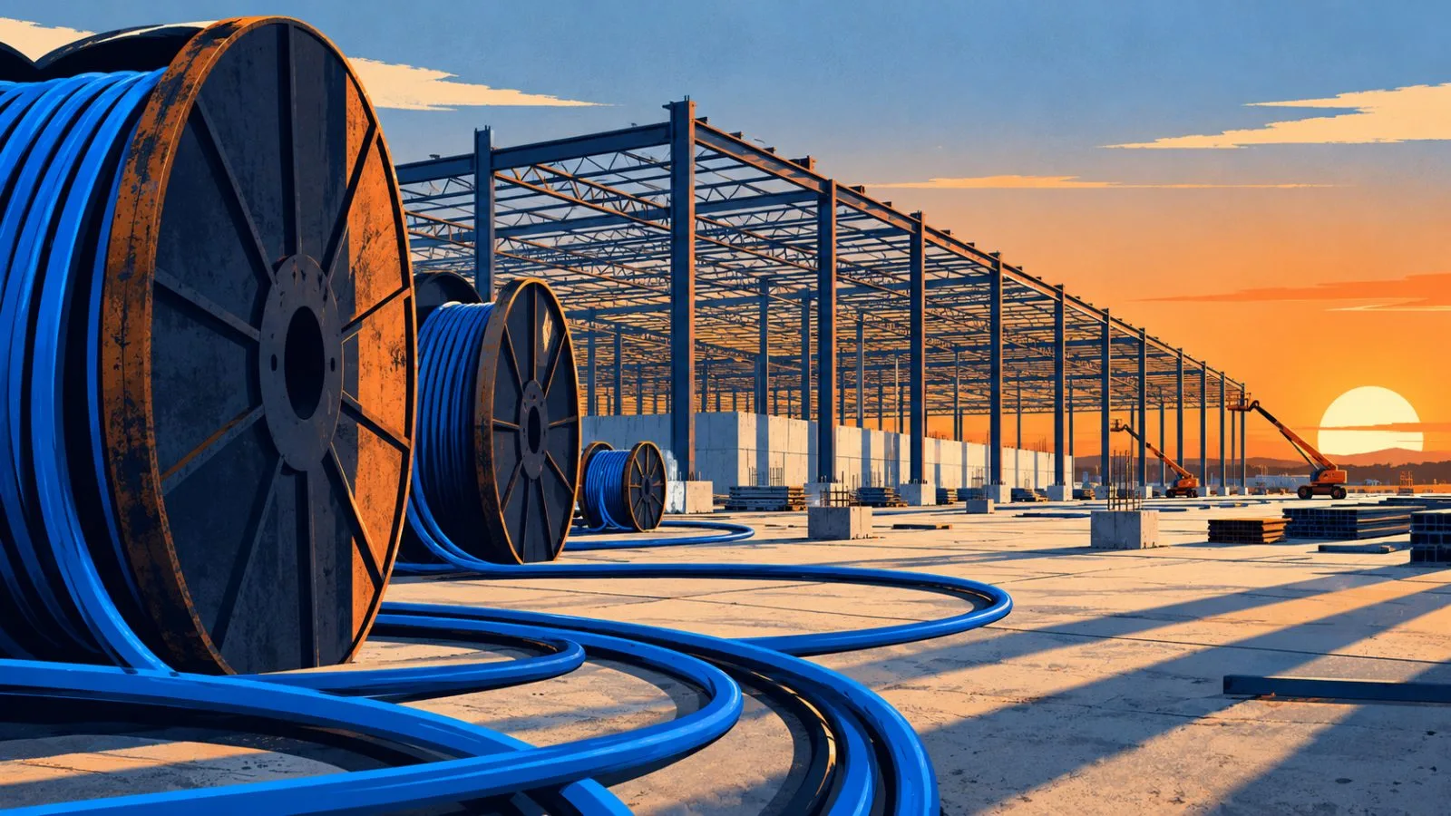 Cable reels stand before an unfinished data center frame. / TokenPost.ai
