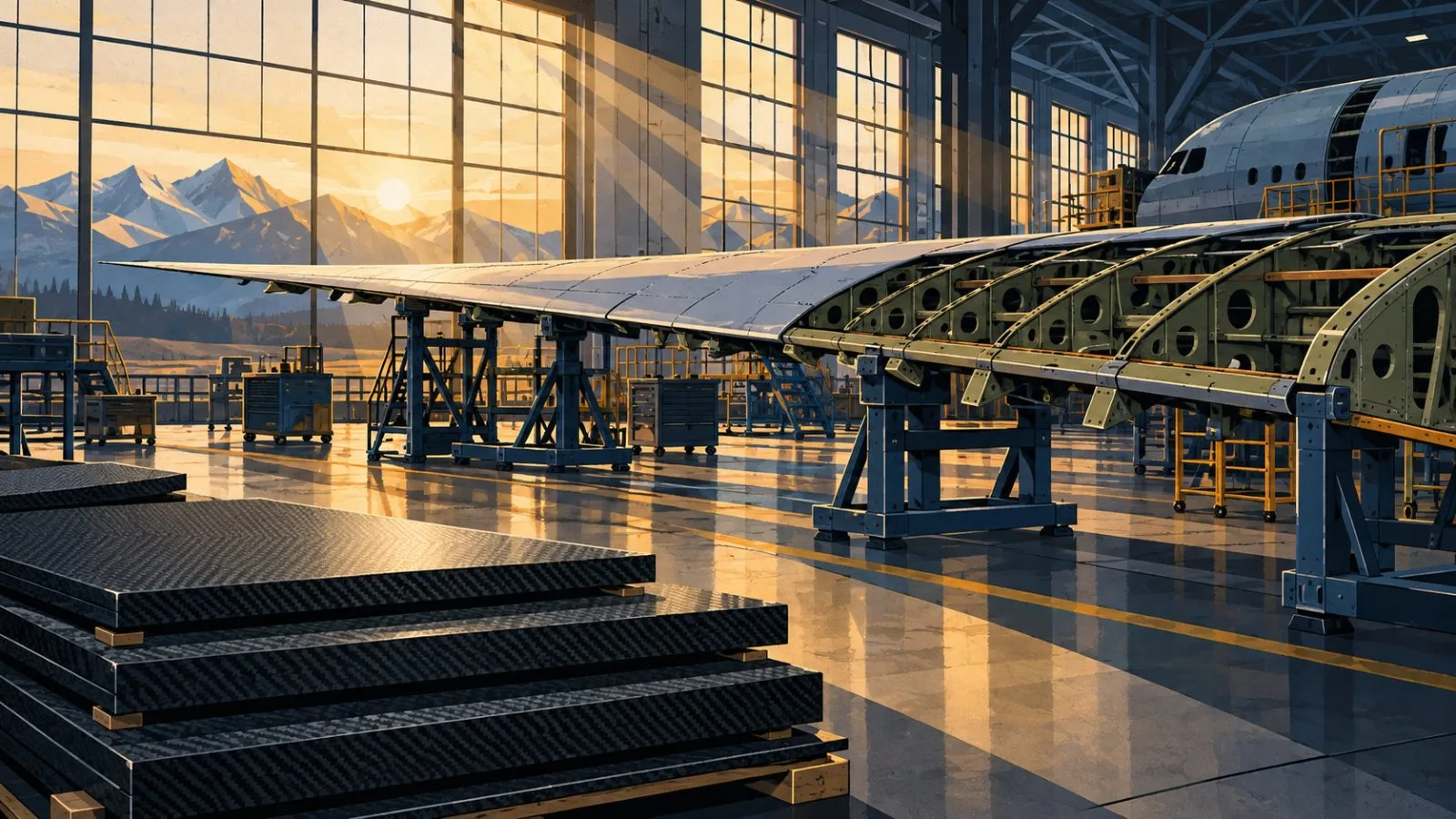 Carbon-fiber panels beside an unfinished aircraft wing / TokenPost.ai