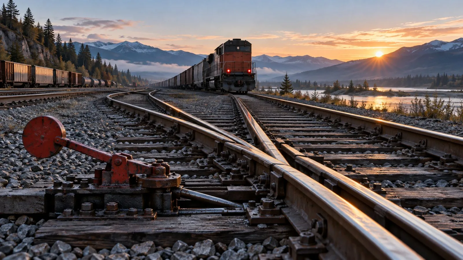 A freight locomotive recedes along tracks beyond a rail switch / TokenPost.ai