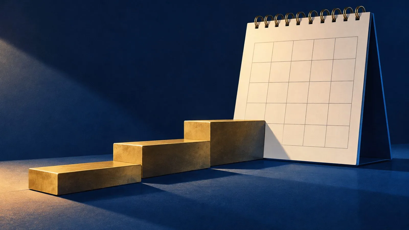 Three brass steps rise beside a blank calendar grid / TokenPost.ai
