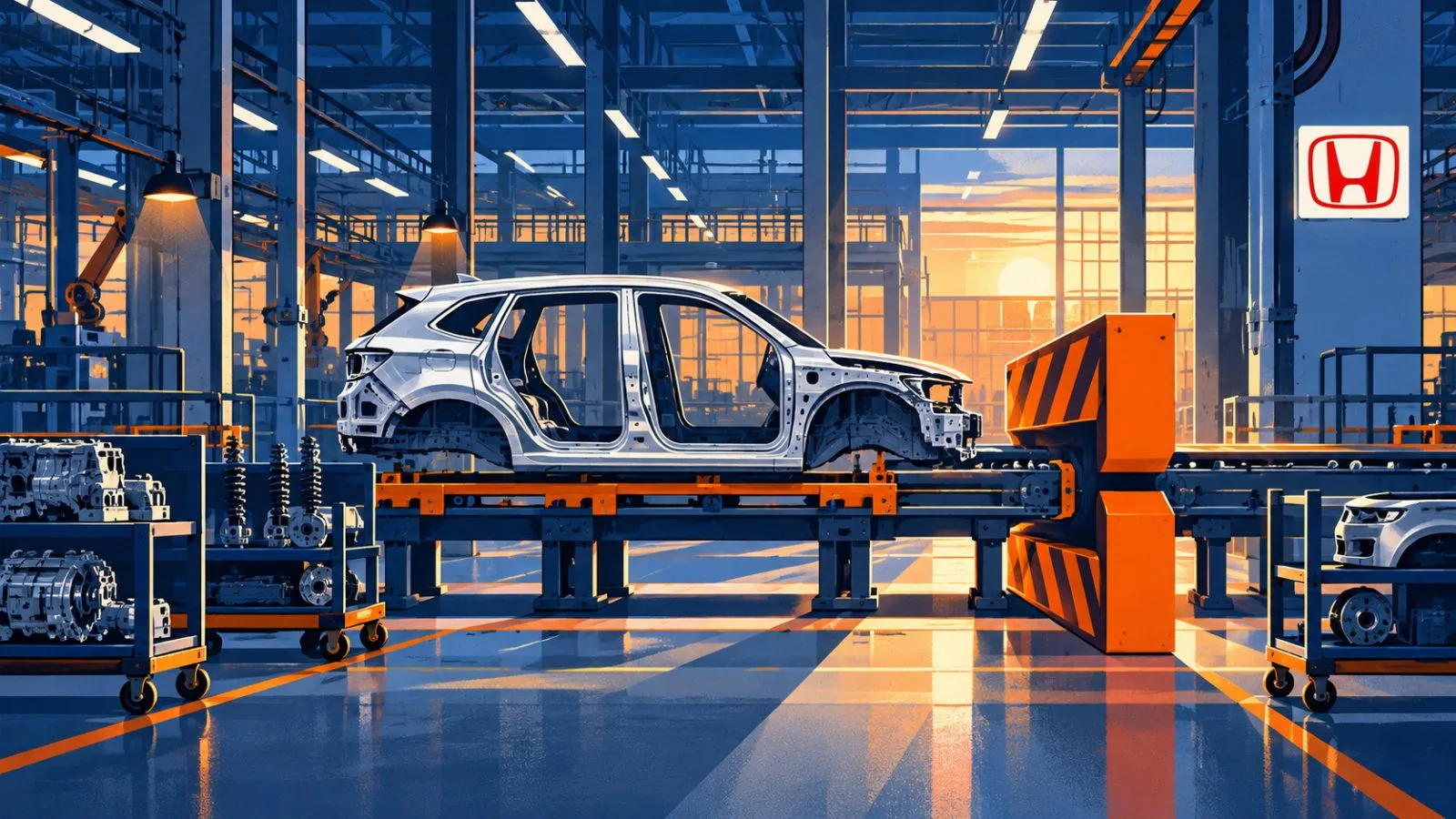 Unfinished cars move beside parts carts on an assembly line / TokenPost.ai