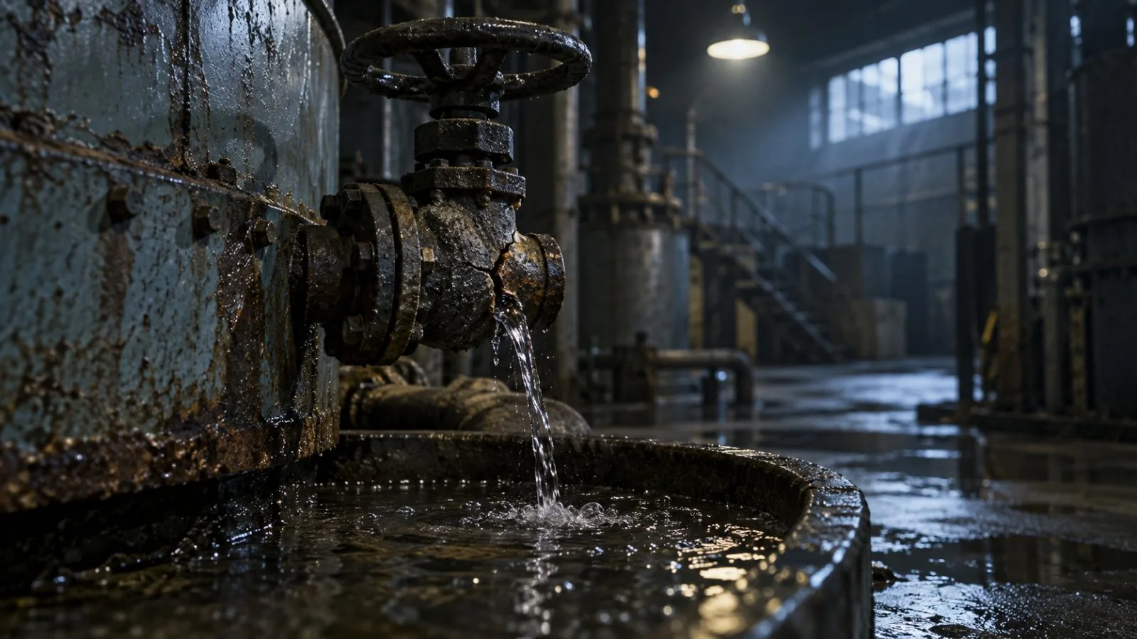 Water trickles from a damaged valve into a shallow metal basin / TokenPost.ai