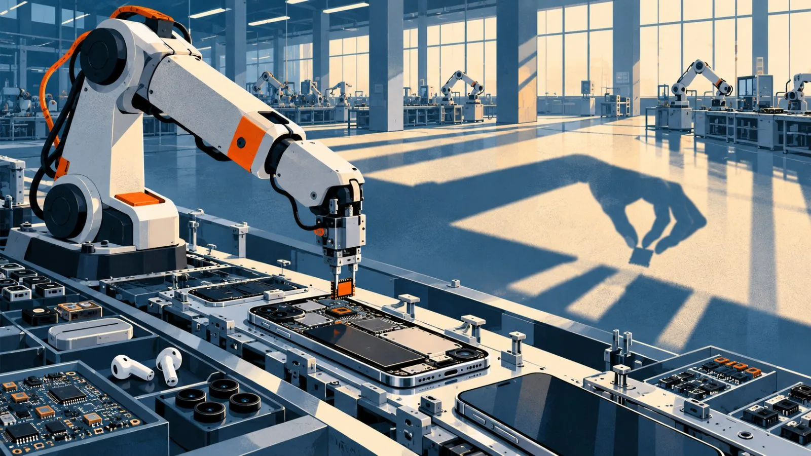 A robotic arm assembles a smartphone on a factory line / TokenPost.ai