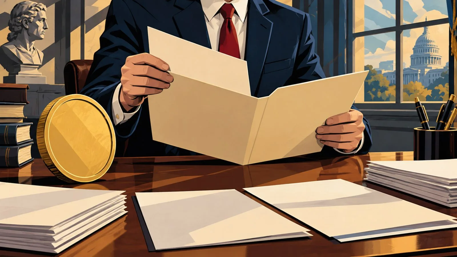 Blank tax forms beside a metal dollar coin under office light / TokenPost.ai