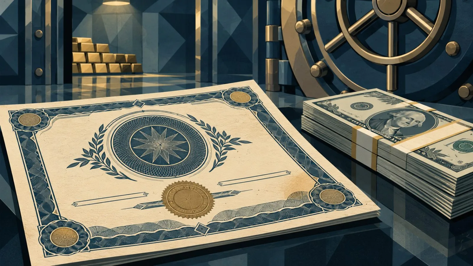 A bond certificate rests beside a neat stack of dollar bills / TokenPost.ai
