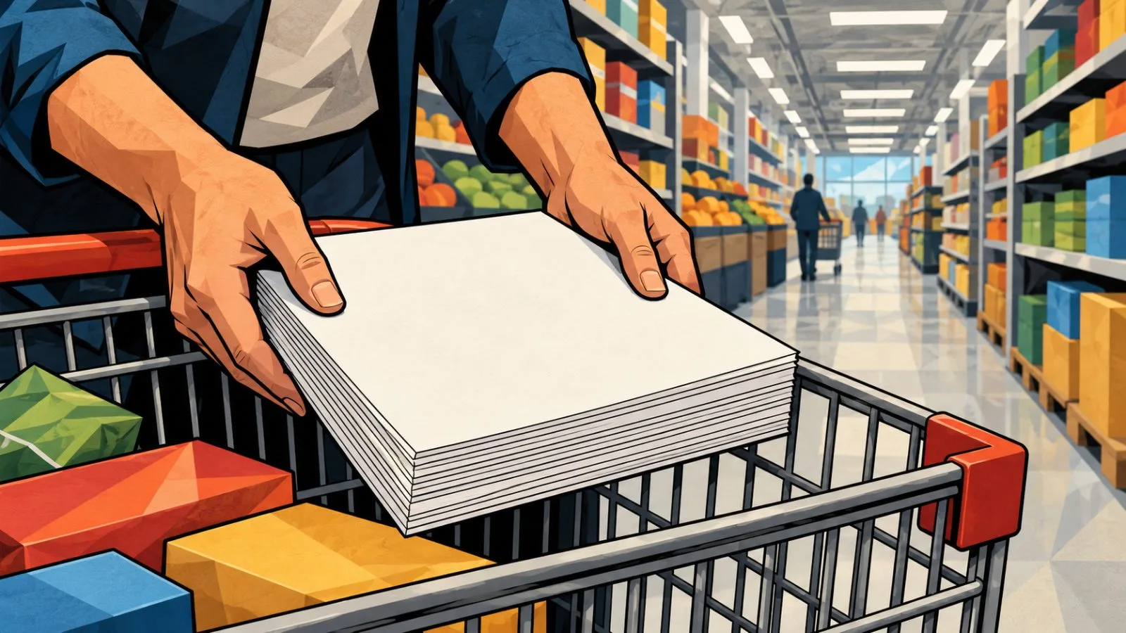 Blank share certificates placed beside a shopping cart in a retail aisle / TokenPost.ai