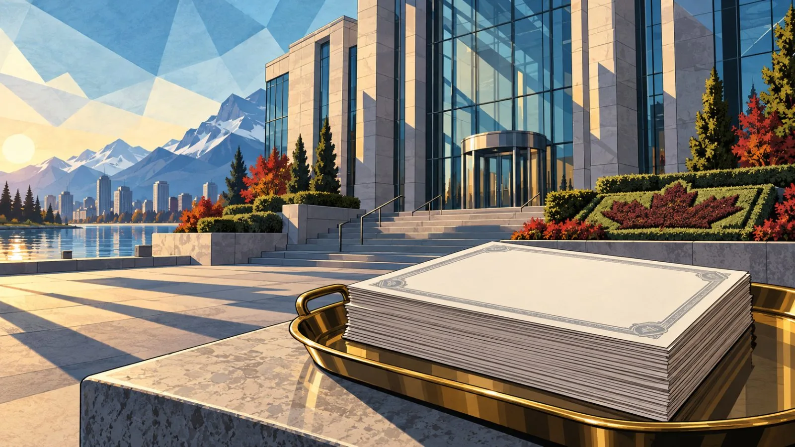 Blank share certificates beside a modern bank facade in morning light / TokenPost.ai