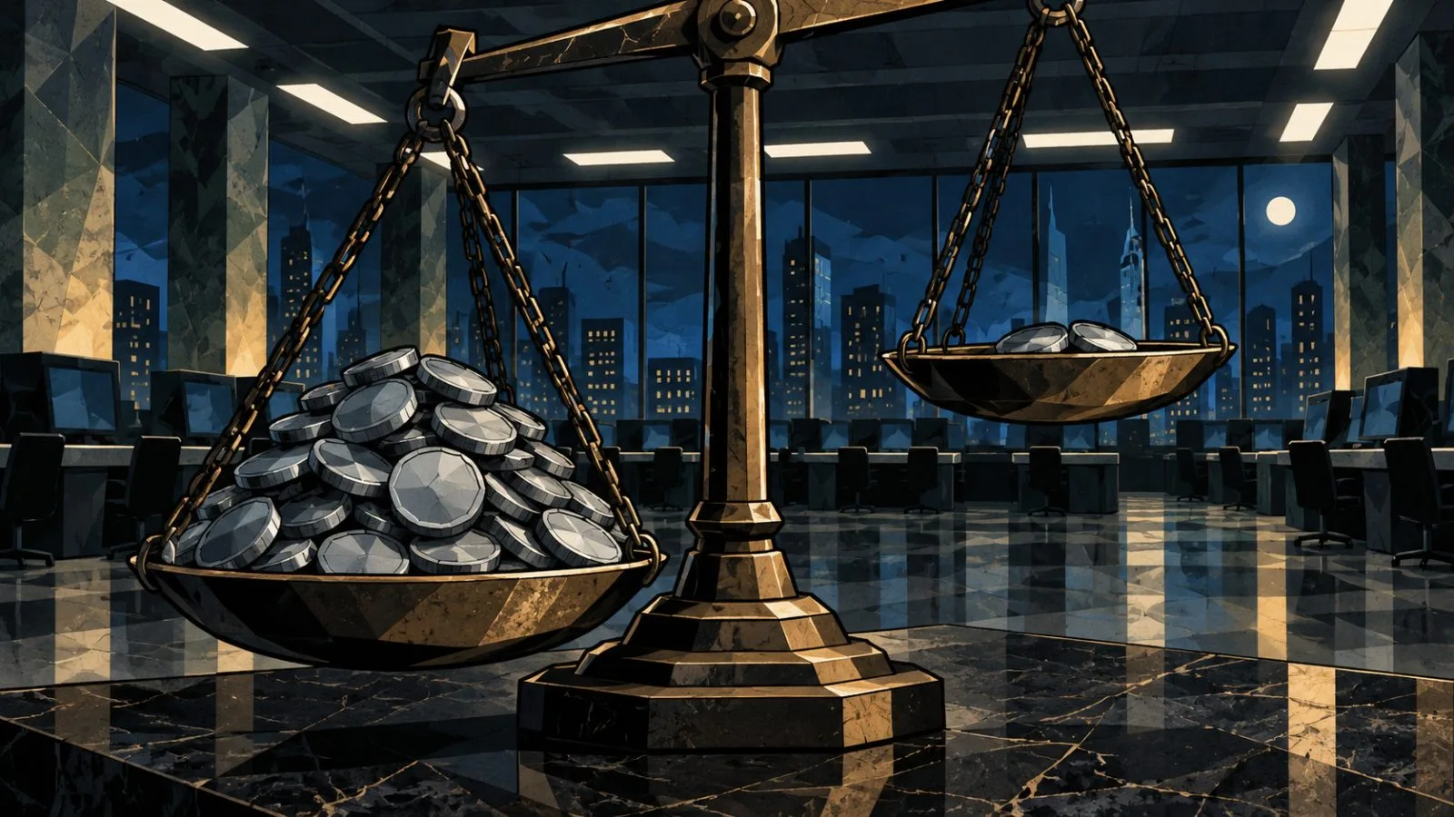 Metal tokens weigh down one side of a balance scale / TokenPost.ai