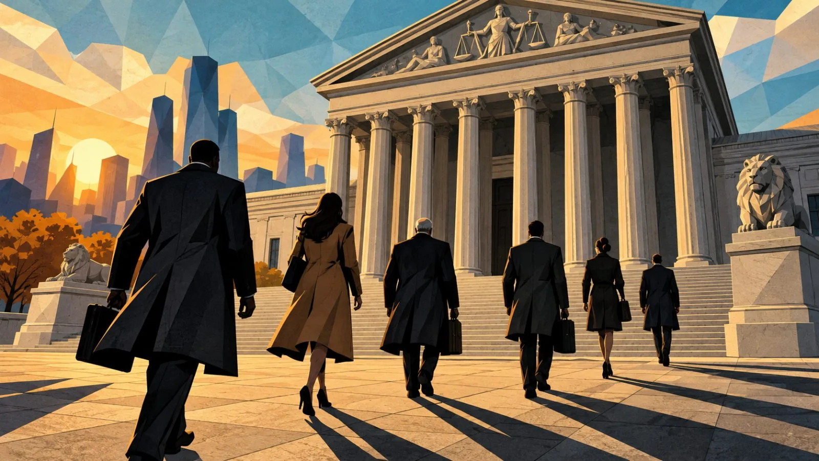 Investors approach courthouse steps in late afternoon sunlight / TokenPost.ai