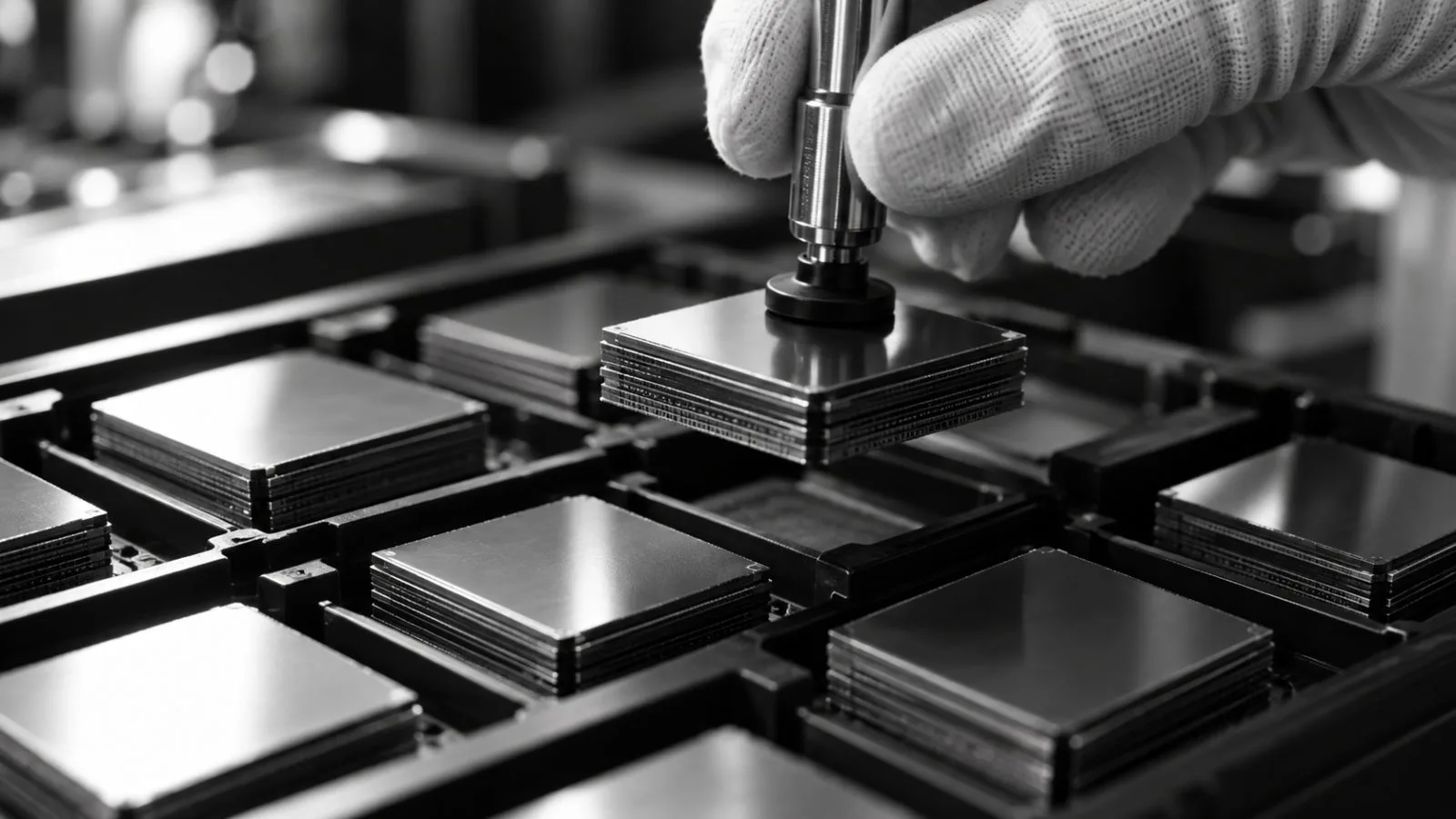 A memory package rests in a precision inspection tray / TokenPost.ai (mono)