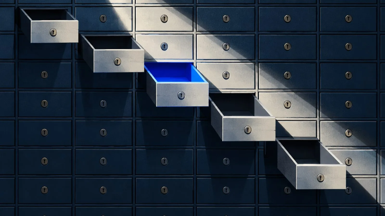 Several metal deposit drawers stand open inside a bank vault / TokenPost.ai