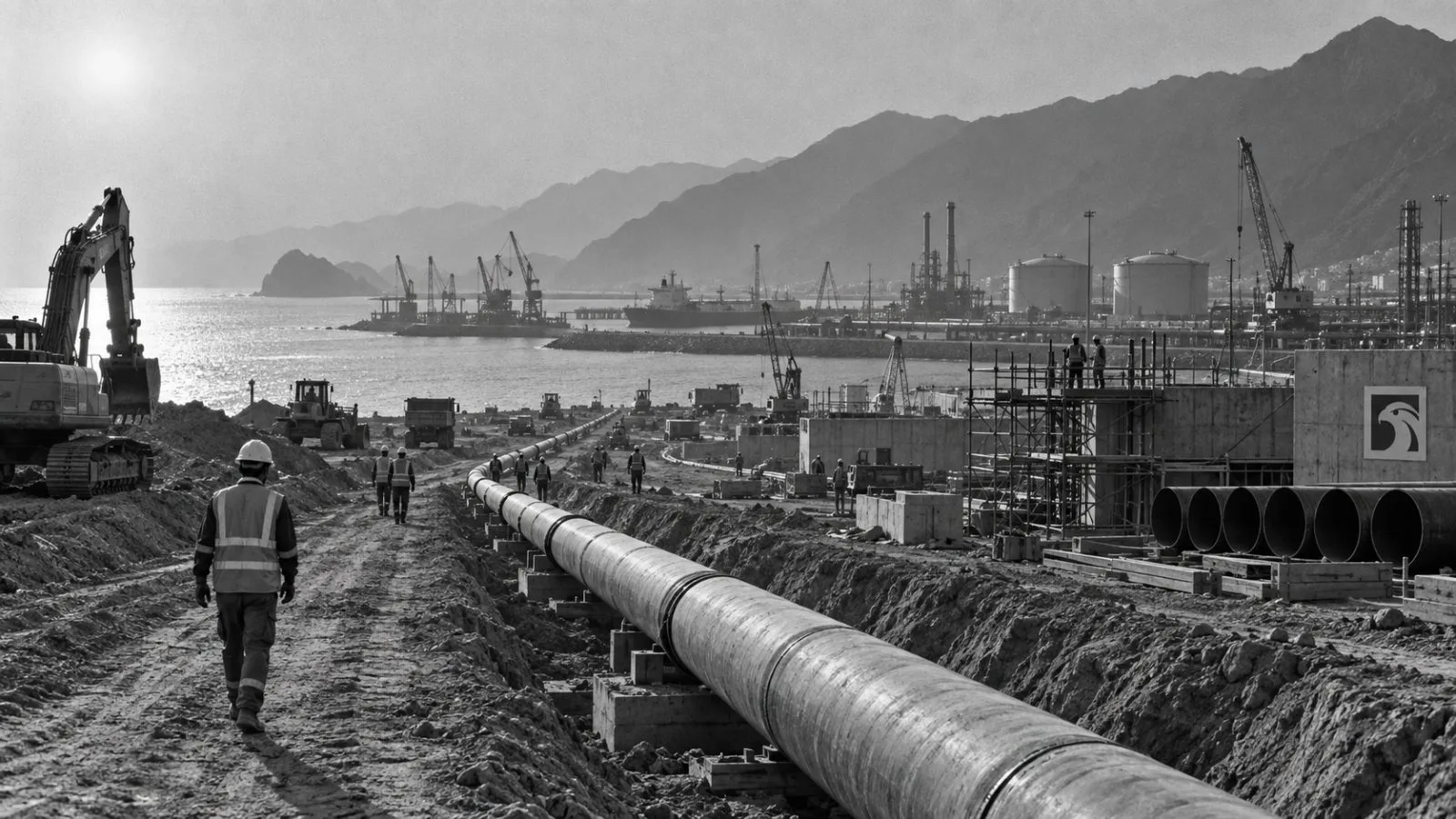Pipeline construction extending toward a sunlit coastal industrial port / TokenPost.ai