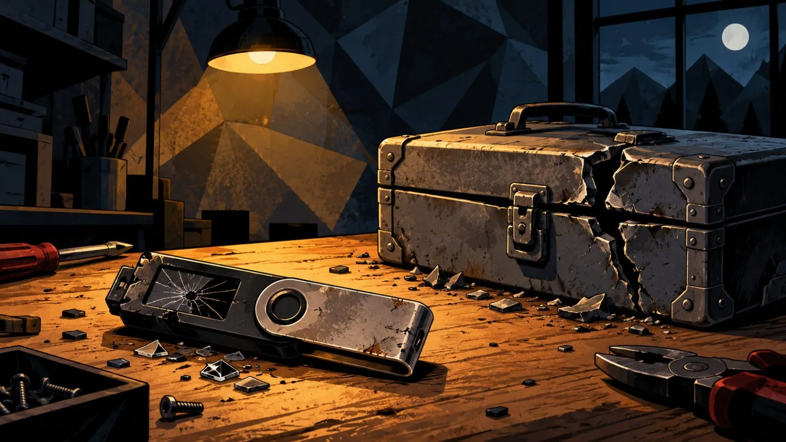 A damaged hardware wallet beside a cracked metal security case / TokenPost.ai
