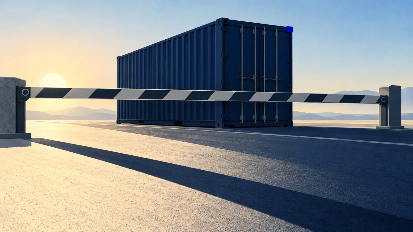 An unmarked freight container stands behind a lowered border barrier / TokenPost.ai