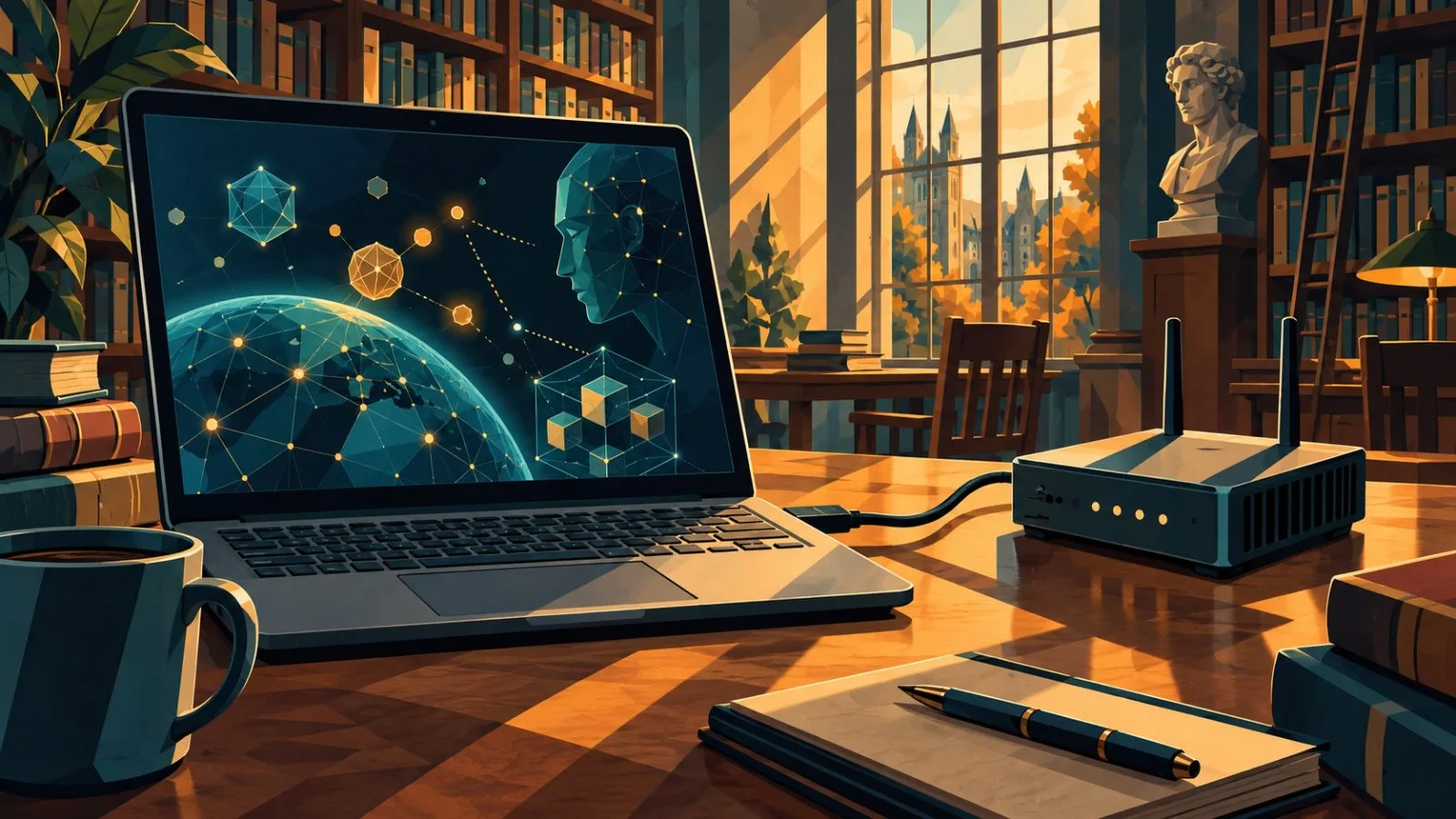 A laptop cable connects to a compact gateway beside library shelves / TokenPost.ai