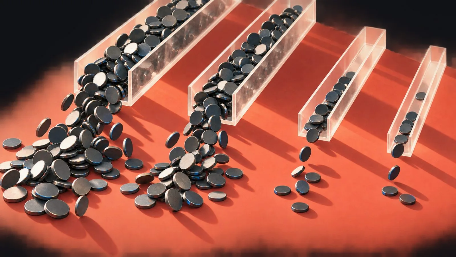 Metal discs drain through four clear channels onto a coral surface / TokenPost.ai