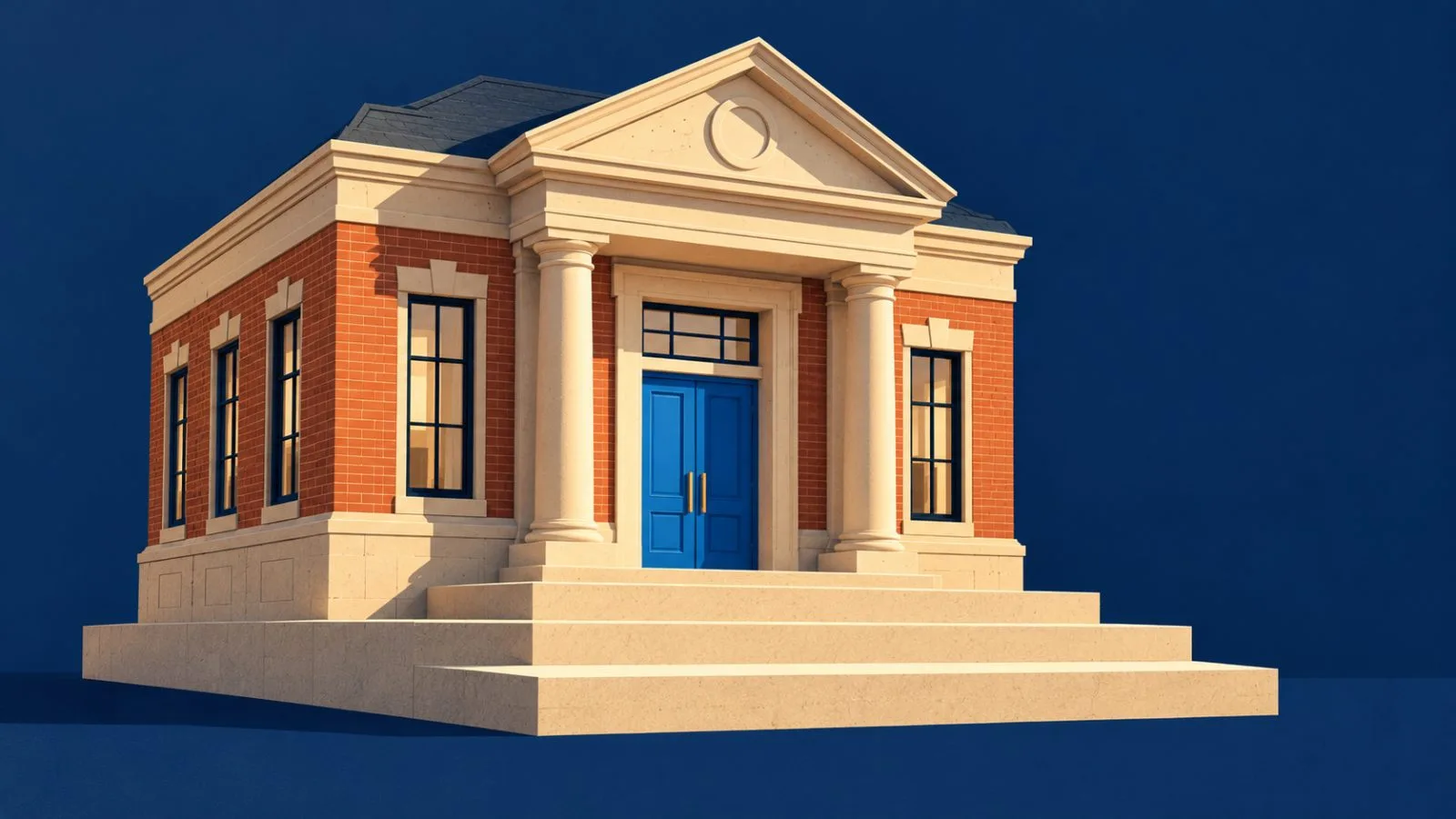 Miniature bank branch model on ascending limestone steps / TokenPost.ai