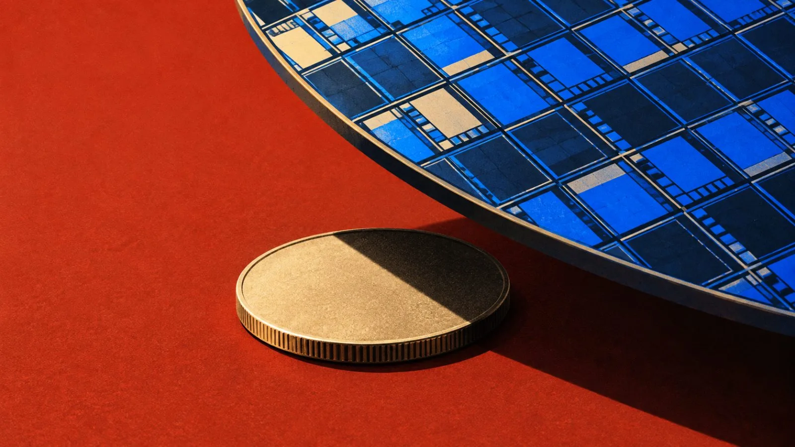 A silicon wafer casts a shadow over an unmarked metal coin. / TokenPost.ai