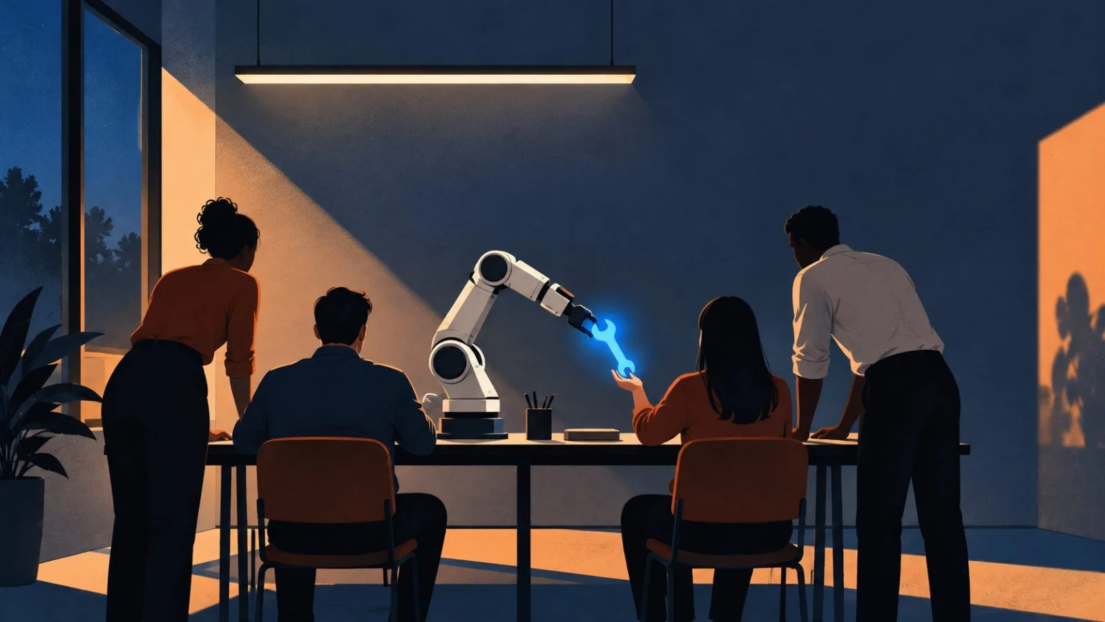 Workers face a compact robotic arm at a shared table / TokenPost.ai