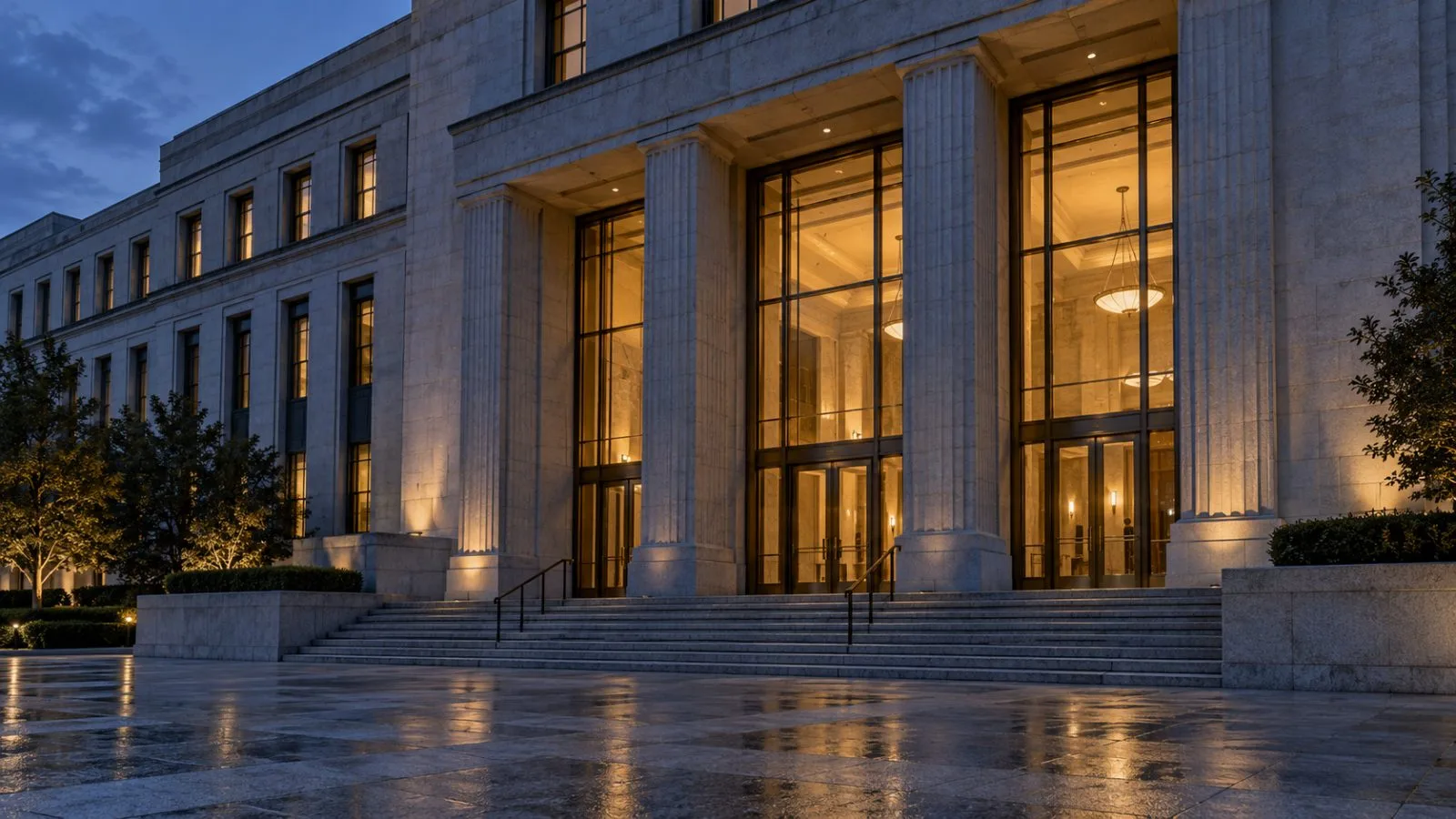 Federal courthouse columns rise above a rain-darkened Washington sidewalk / TokenPost.ai (macro)