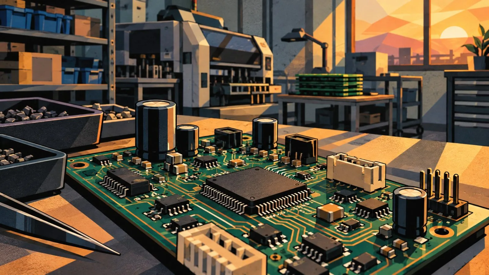 Electronic components arranged across a circuit board in warm light / TokenPost.ai