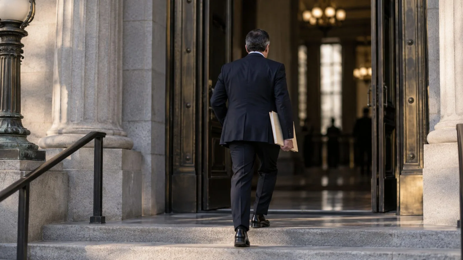 An official enters a stone government building in morning light / TokenPost.ai