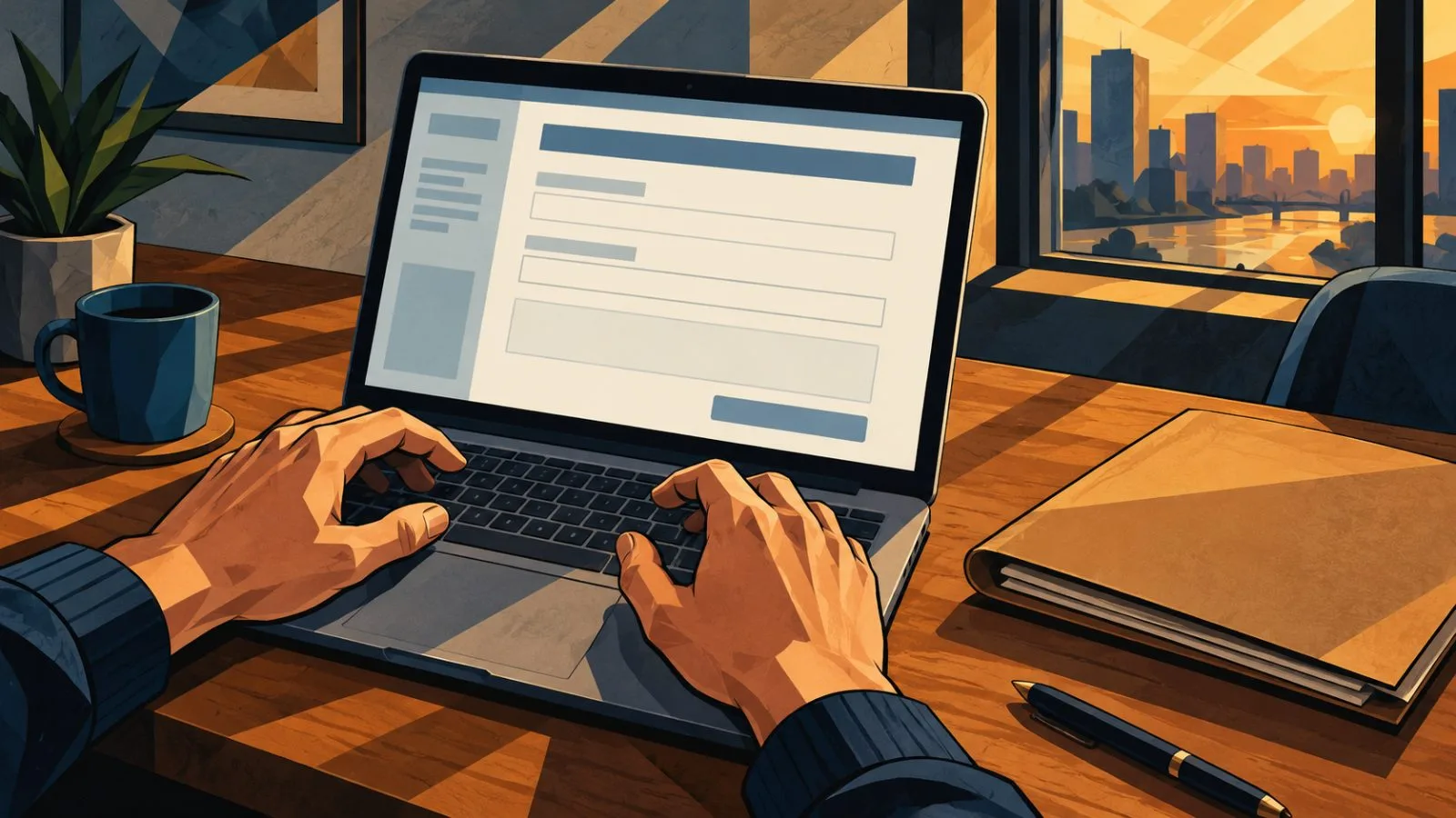 Hands pause above a laptop beside a closed legal folder / TokenPost.ai