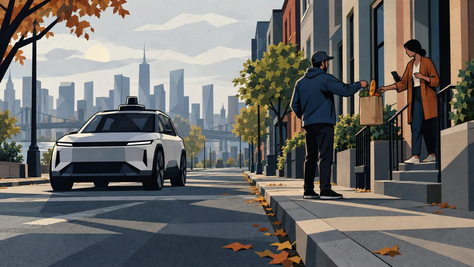 Autonomous car passing a curbside grocery delivery handoff / TokenPost.ai