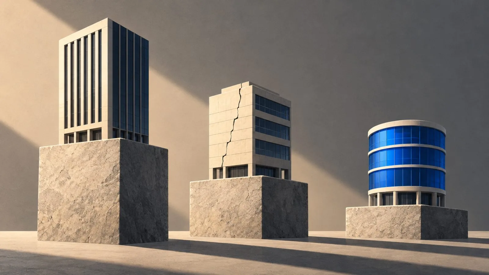 Three miniature commercial buildings stand on uneven stone plinths / TokenPost.ai