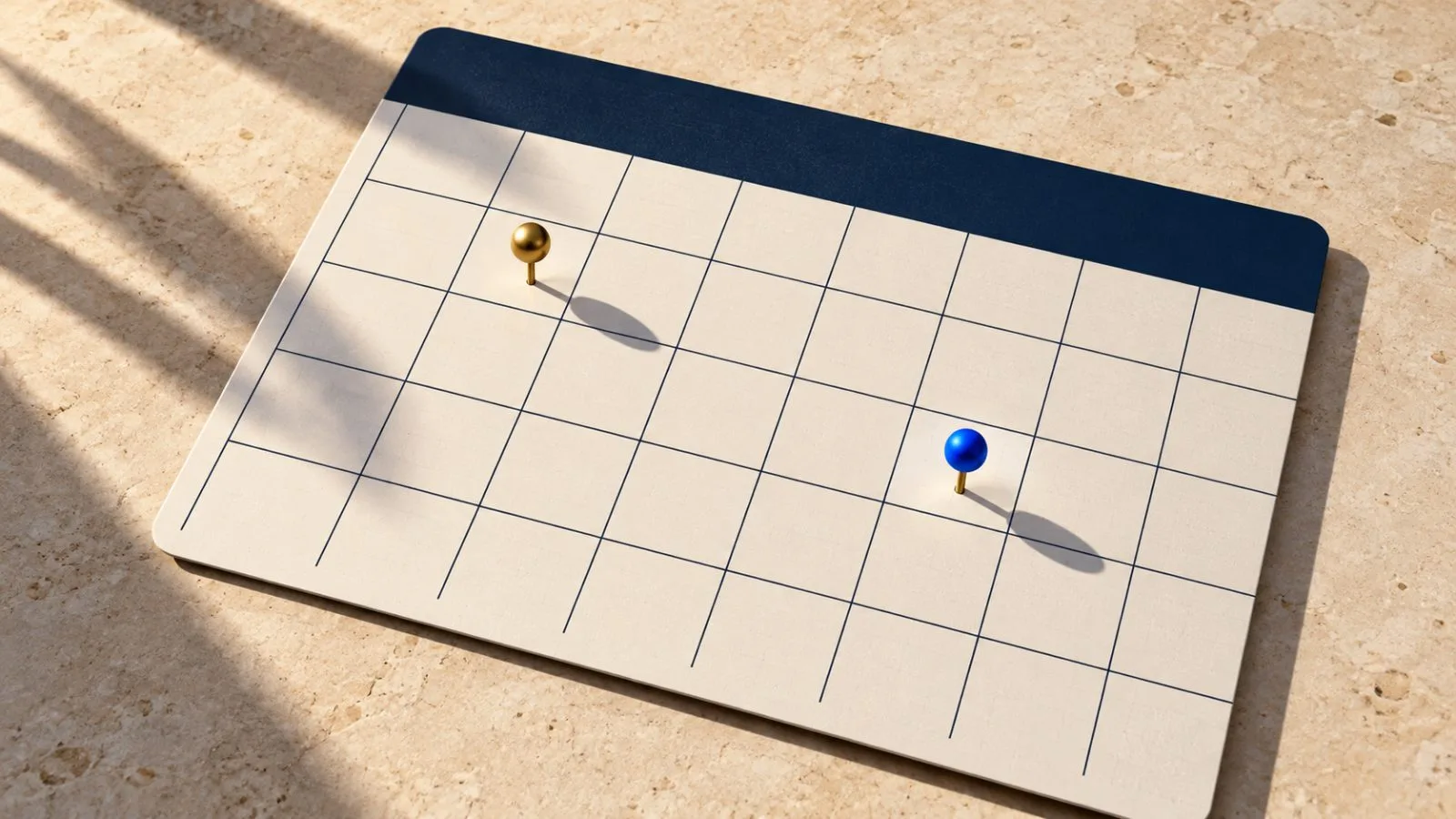 Two brass pins mark separate squares on a blank calendar page / TokenPost.ai