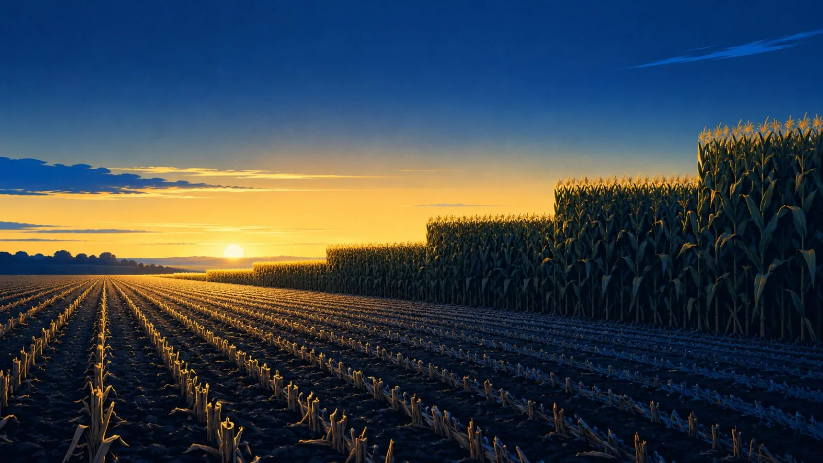 Harvested rows meet standing corn beneath a pale sunrise / TokenPost.ai