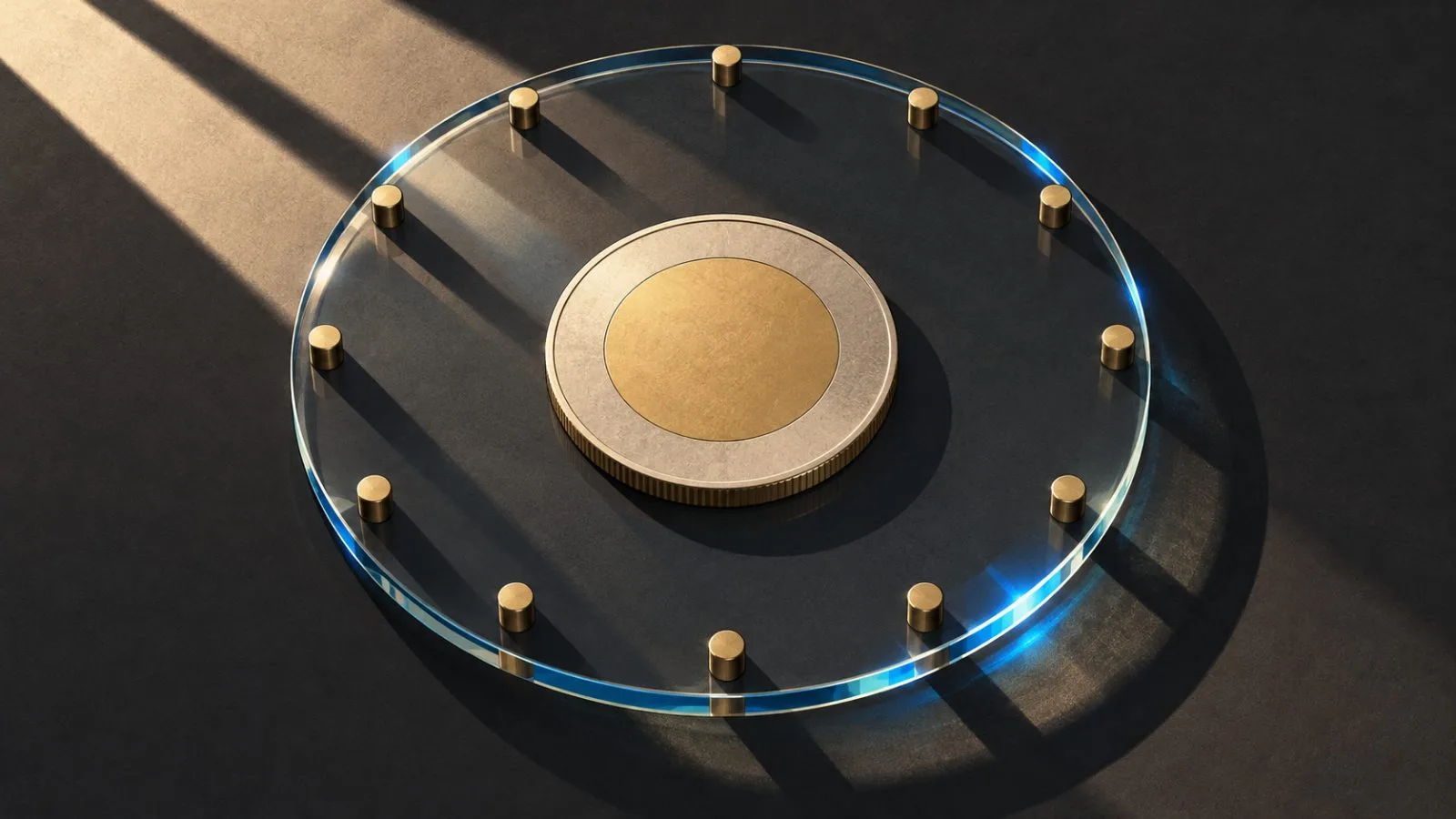 A blank silver coin rests within a ring of brass markers / TokenPost.ai